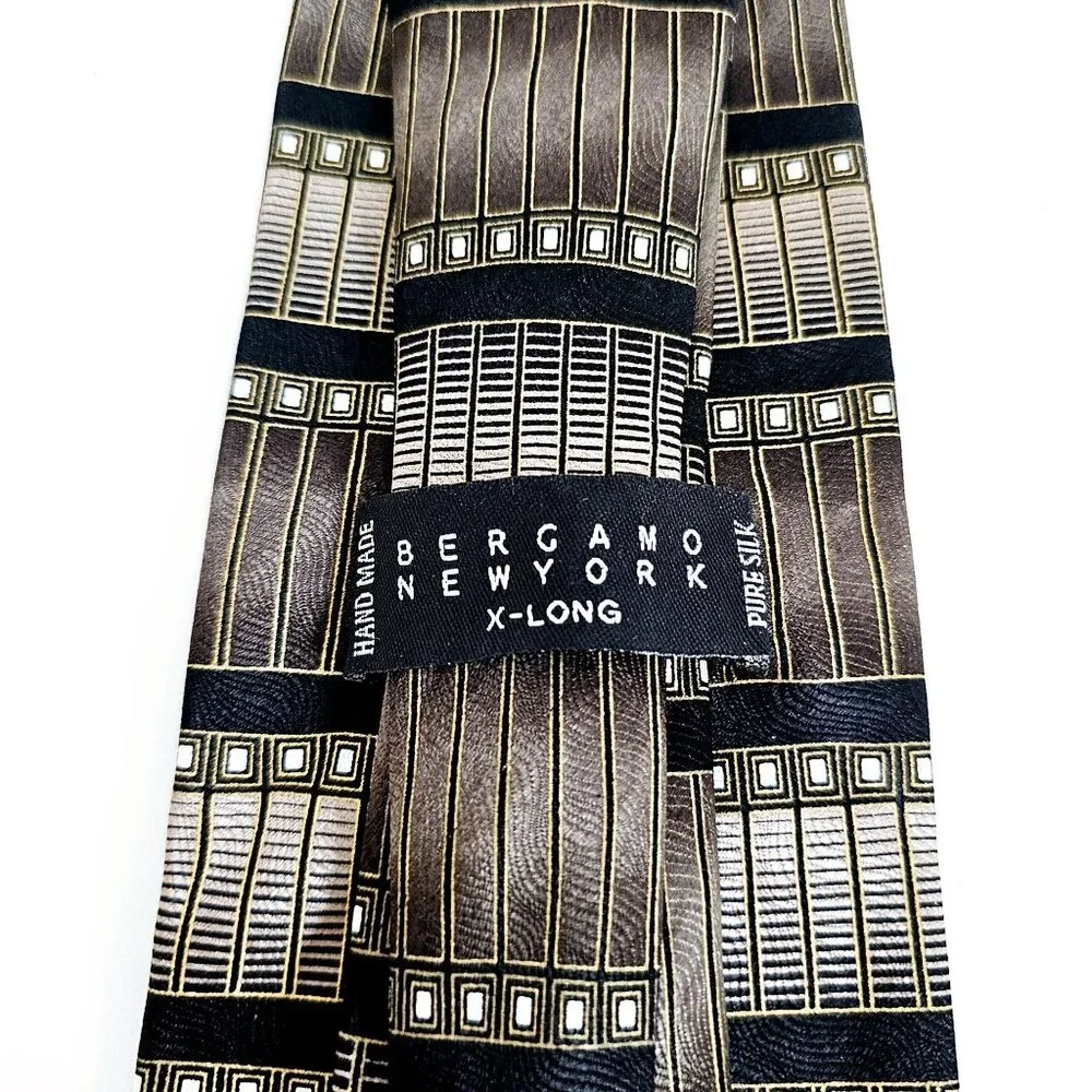 Bergamo New York X-Long Silk Tie Geometric Design Brown &‎ Black~T179.3
